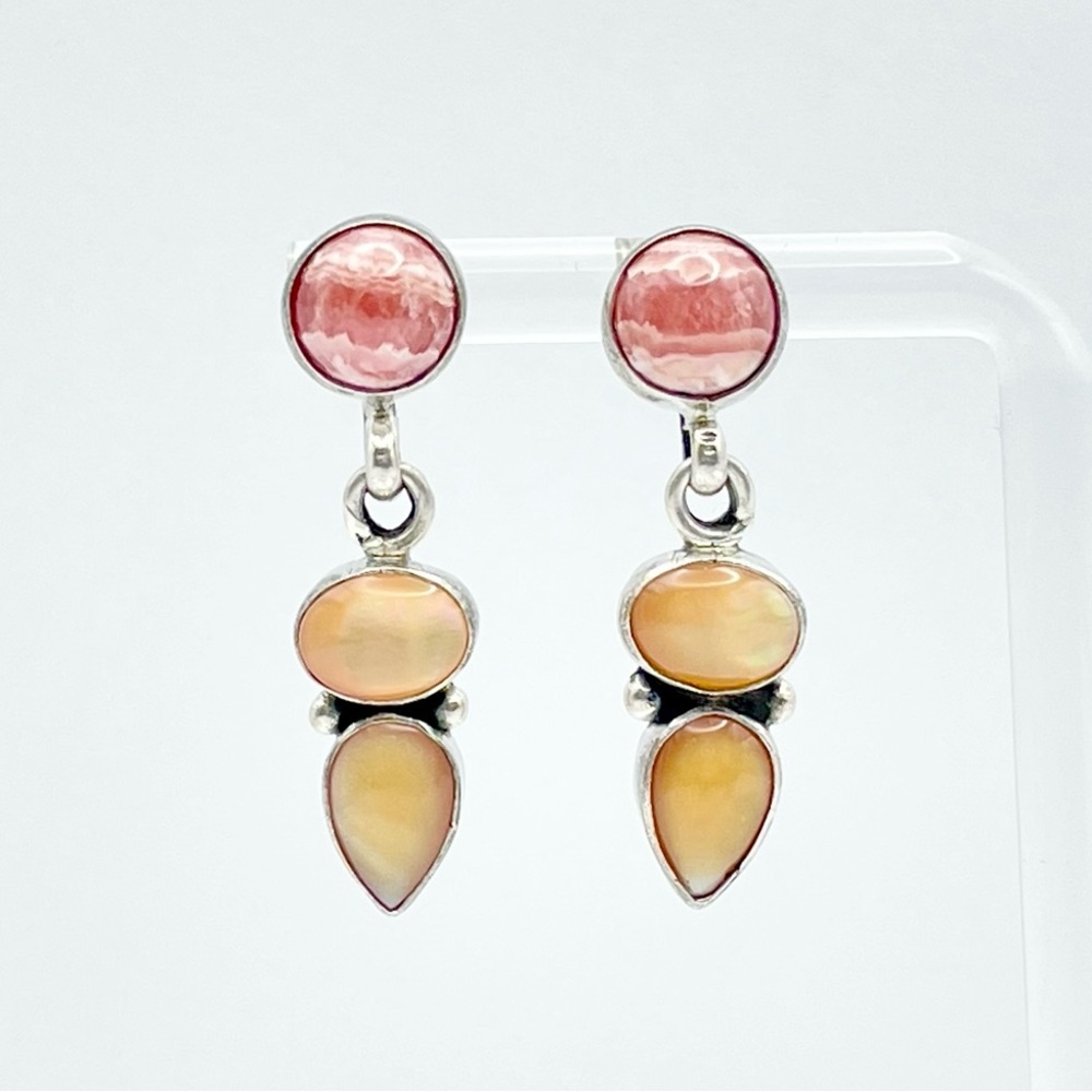 L. Ganado Sterling Silver Drop Earrings - Rhodochrosite Mother of Pearl